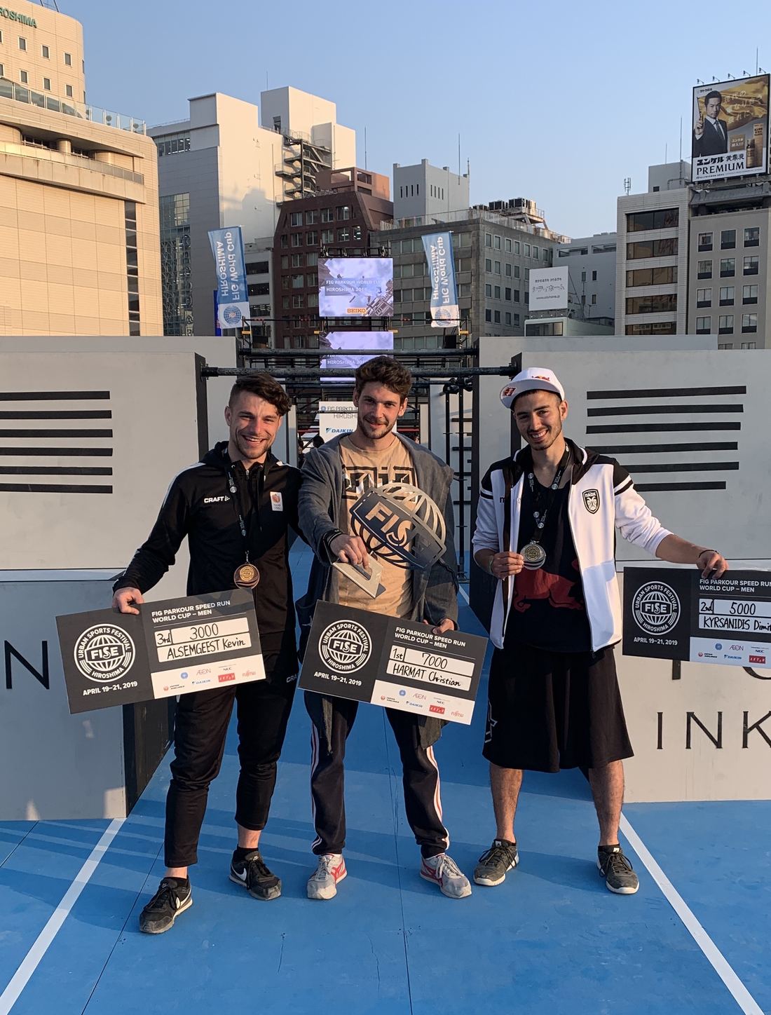 Podium of athletes at the 2019 parkour World Cup in Hiroshima