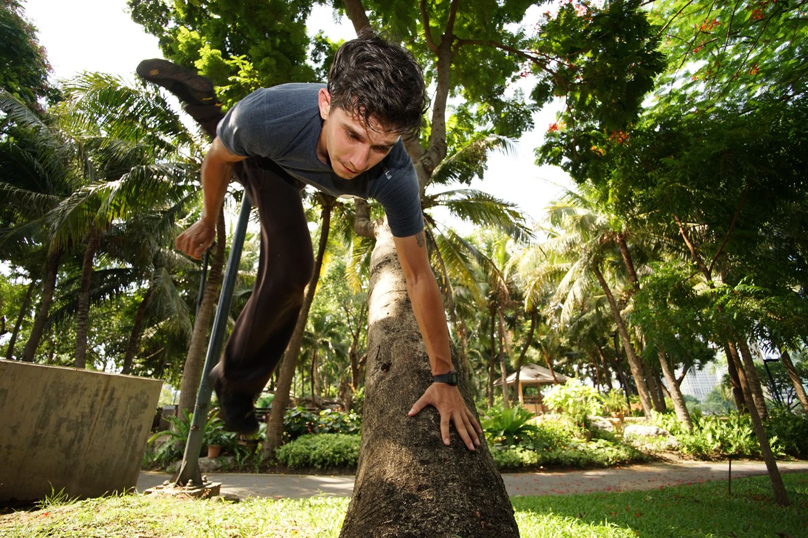 A parkour athlete moving over a tree stump in a leafy park